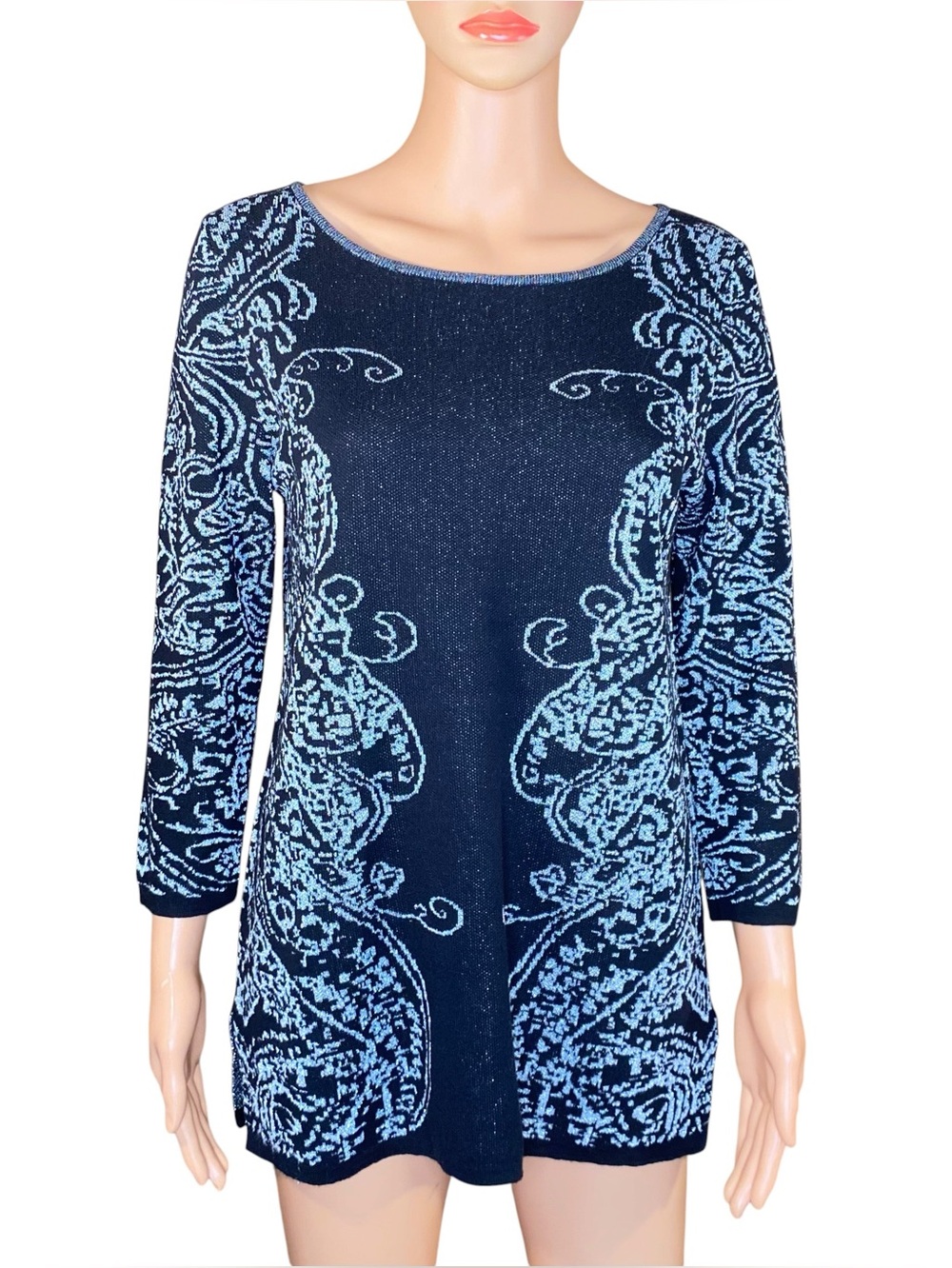 Ruby Rd Tunic Style Sweater Knit Floral Longer Length Wide Neckline Long Sleeve